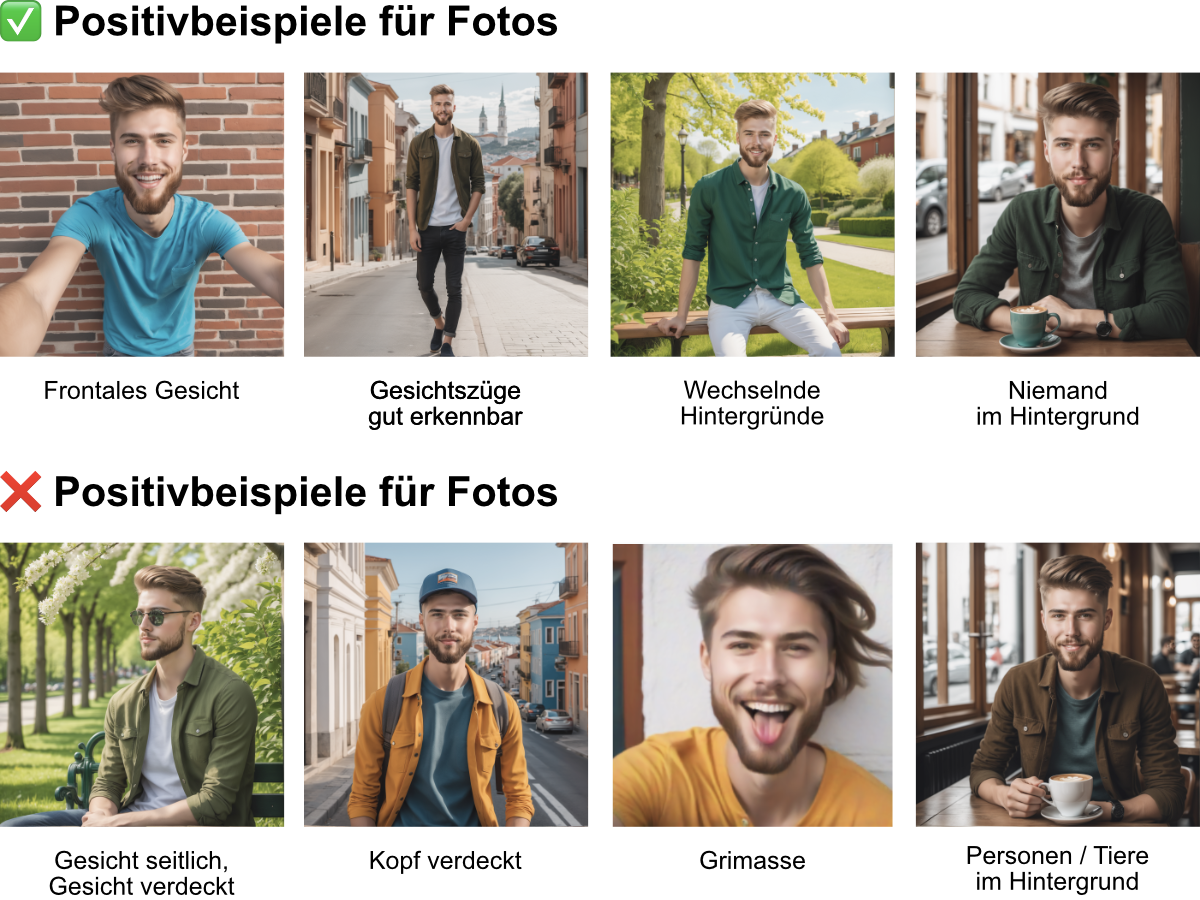 Beispiele für Fotos Ganz einfach ohne IT-Kenntnisse 6 Fotos hochladen und die KI generiert daraus einzigartige Motive l Erstelle aus nur 6 Fotos mit künstlicher Intelligenz einzigartige Fotogeschenke, die begeistern! l Personalisierte Geschenke mit KI