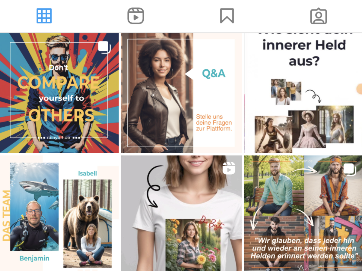 Insta Feed Screen Capture Instagram l Erwecke den inneren Helden in dir l personalisierte Geschenke l KI-Bilder erstellen lassen l Bilder mit KI erstellen lassen l Lerne das Team hinter Rainyart kennen l Besondere Fotogeschenke für jeden Anlass l Erstelle aus nur 6 Fotos mit künstlicher Intelligenz einzigartige Fotogeschenke, die begeistern!