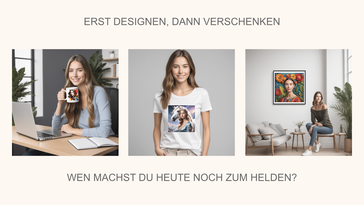 Visualisierung Print-Produkte2 Personalisierte Print Produkte, wie Fotogeschenke nur viel lustiger l Persönliche Geschenkideen l Fotos mit KI erstellen: personalisierte Geschenke mit Foto l Erst designen - Dann verschenken