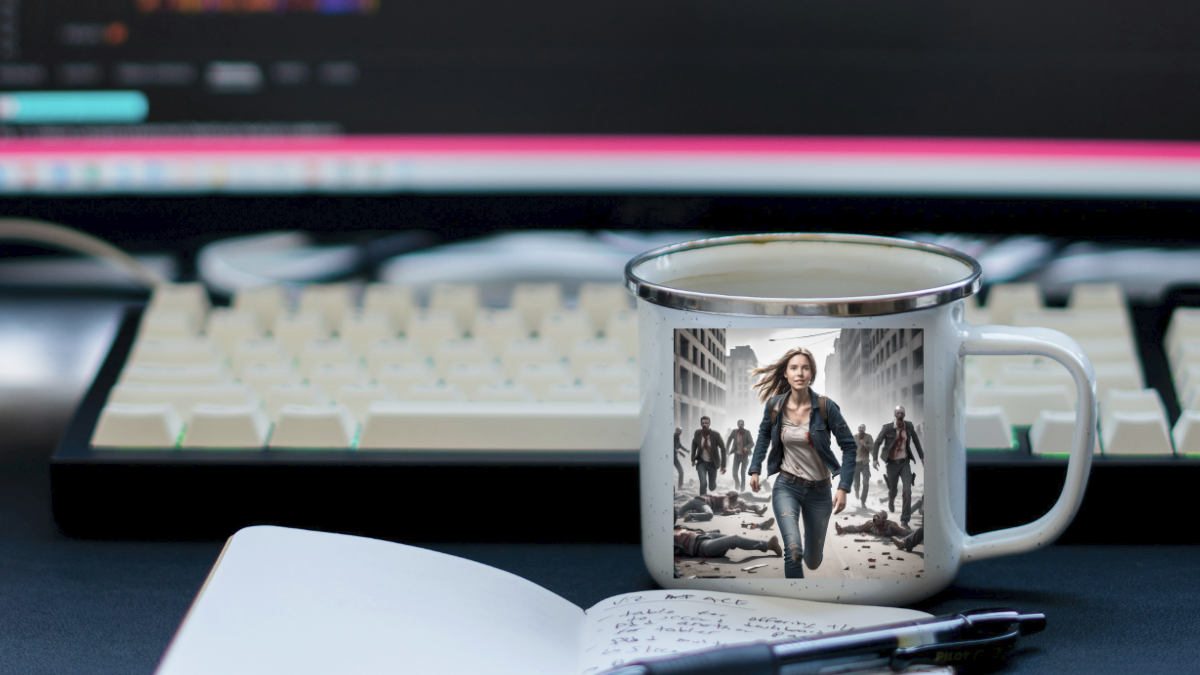 Filmfans Zombieapokalypse auf Kaffeetasse Personalisierte Geschenke für Filmfans und personalisierte Geschenke für Serienfans zeigen eine Tasse zum Genre Action und Horror mit Zombies l Tasse mit Foto l Foto Tasse l Tasse selbst gestalten l Tasse selber gestalten l Tasse mit Bild bedrucken l Tasse personalisieren l personalisierte Tassen l Geschenke mit Foto